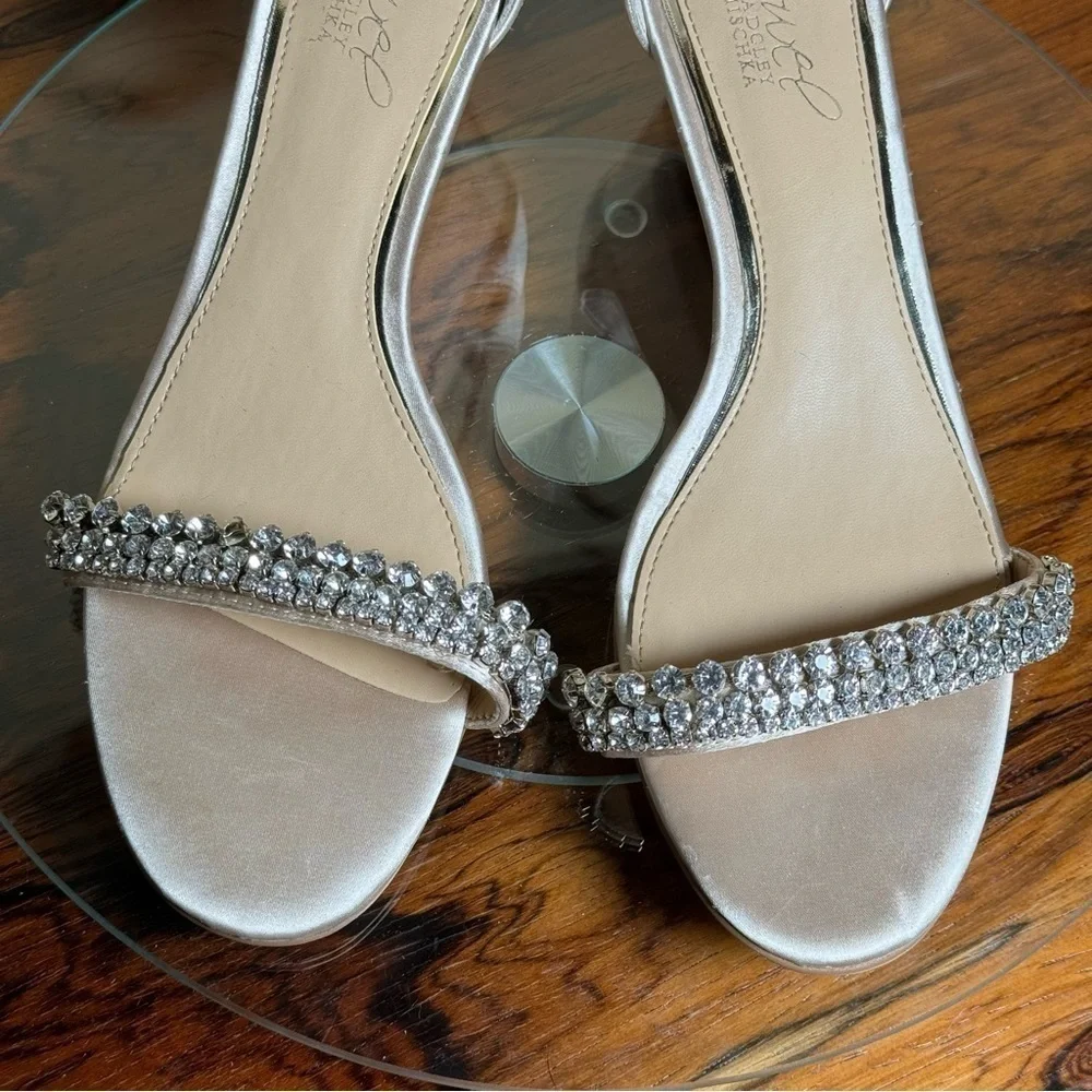 Badgley Mischka Lora Low Wedge Sandal - champagne satin - size 7